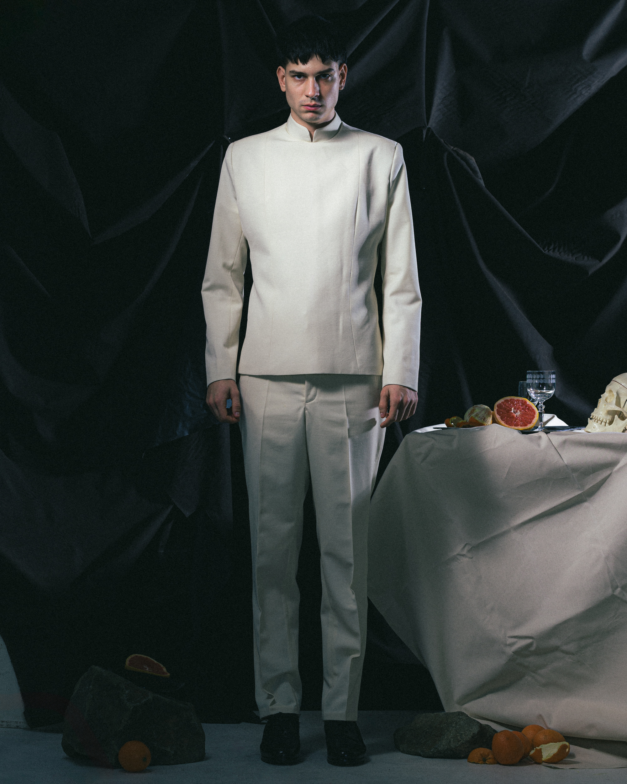 Mandarin Suit, Ecru Wool